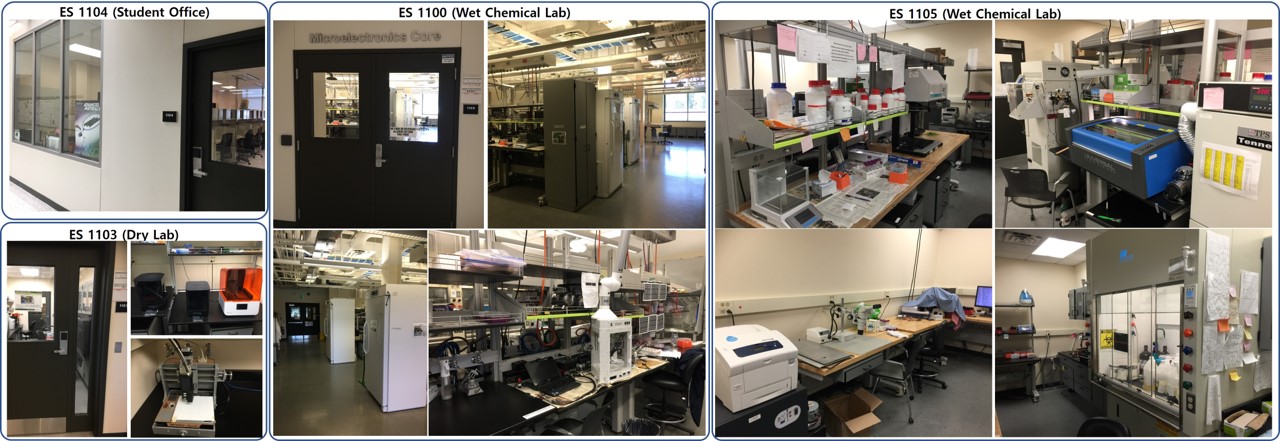Bioelectronics and Microsystems Laboratory workspace showing research equipment, workbenches, and testing areas
